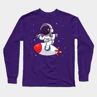 Cute Astronaut Lifting Dumbbell On Rocket Cartoon Long Sleeve T-Shirt